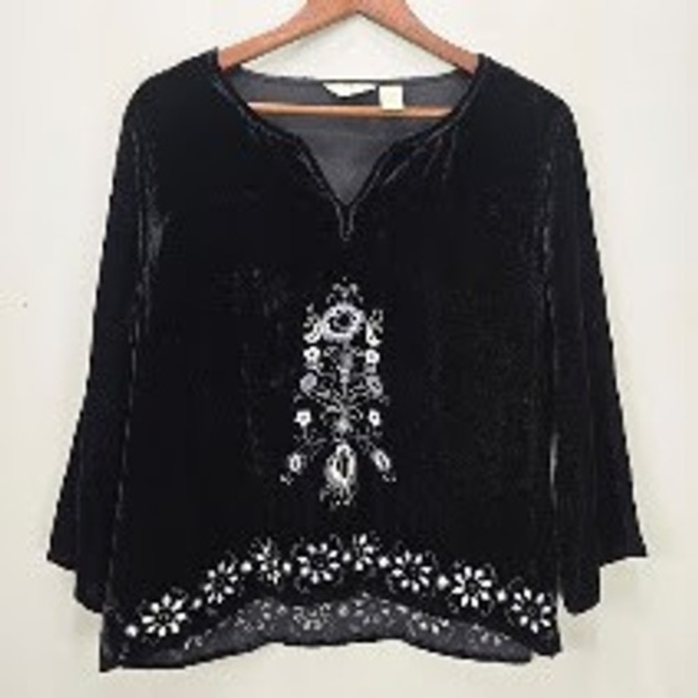 Soft Surroundings Velvet Top L Black Embroidered Floral Whimsigoth Cottage Witch